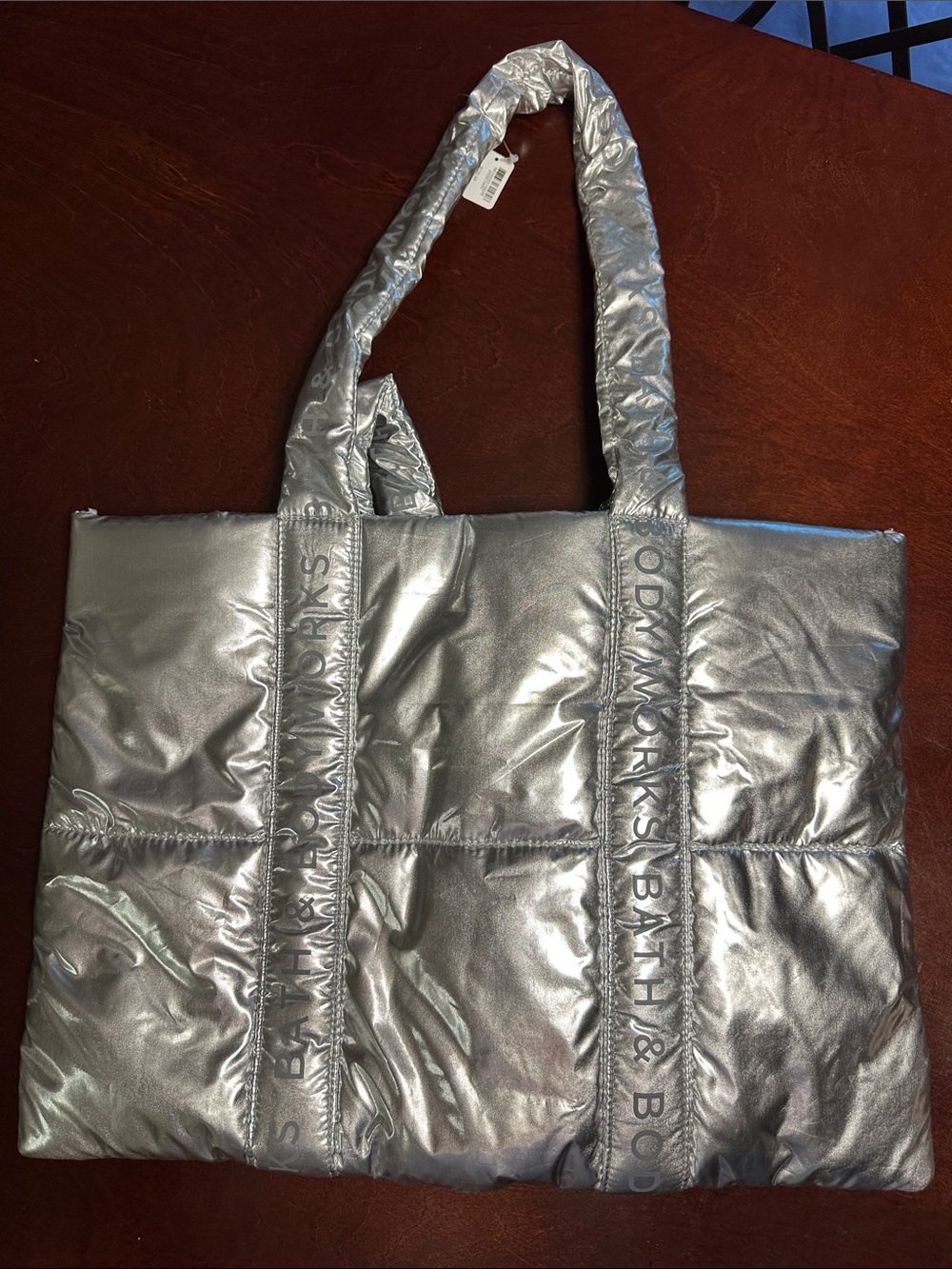 NWT Bath & Body Works Metallic Silver Quilted Tote